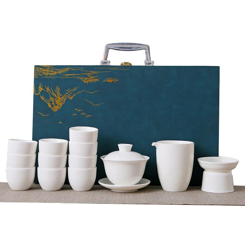 Woding 14-Piece Ceramic Mutton Fat Jade White Porcelain Gaiwan Tea Set