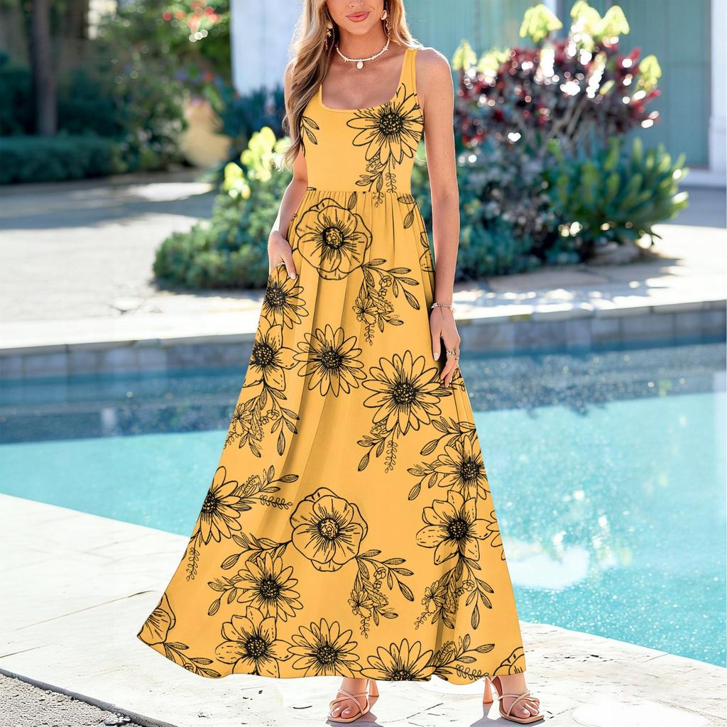 Ladies' floral print summer casual and fashionable sleeveless long dress