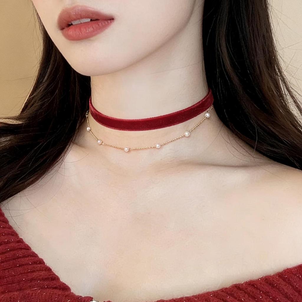 Vintage Wine Red Velvet Pearl Choker Necklace