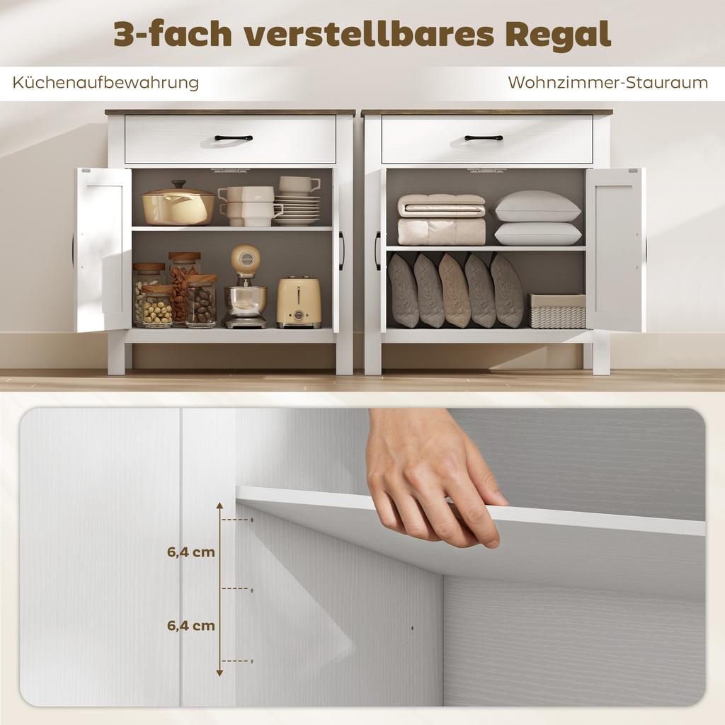 Sideboard Buffet Cabinet, Farmhouse Kitchen Cabinet with Sliding Doors and Adjustable Shelf, White