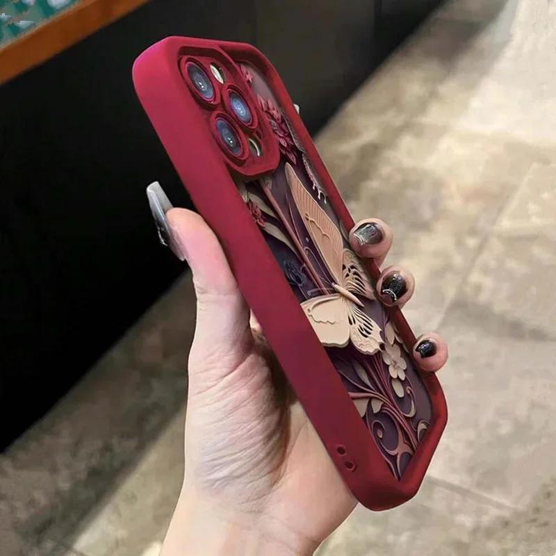 Butterfly Maroon Soft Silicone Grooved Cover For iPhone 15 14 13 12 11 16 Pro Max XS X 7 8 Plus Anti-Fall Protective Phone Case