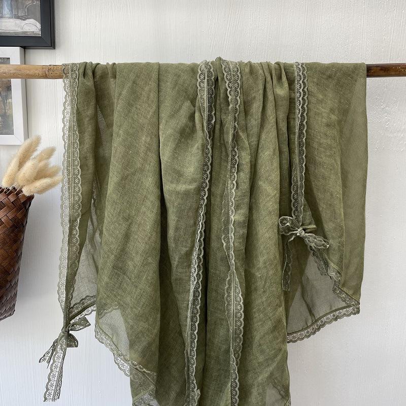 Women s Solid Color Scarf Sunshade Shawl Scarf Cotton Linen Long Style Solid Color Lace Patchwork Scarf 95x195cm армия зеленый