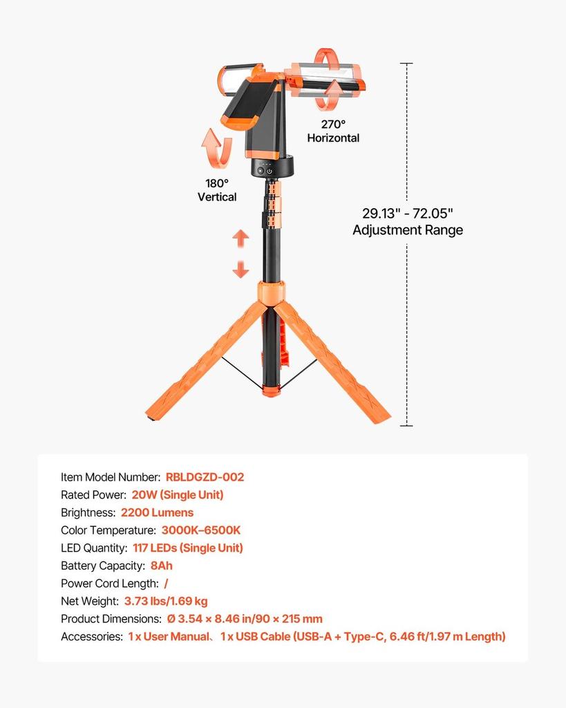 LED Work Light with Stand, 8Ah, Rechargeable Cordless Camping Light, with 3 Lamp Heads, Detachable Tripod Stand, 2200 Lumens 3000K-6500K Dimmable,