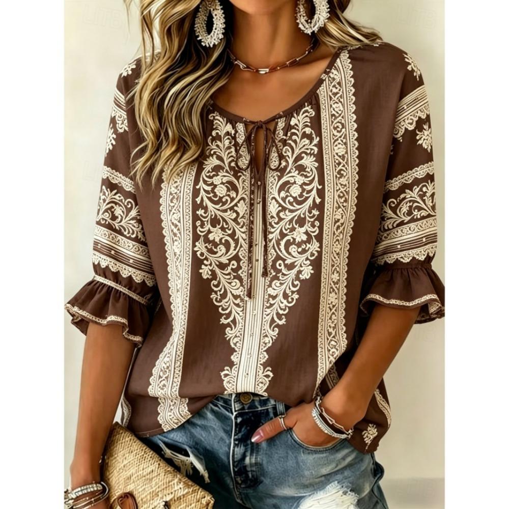 Women's Beige Ethnic Floral Print Tie Front Blouse, Casual Loose Top for Spring Summer Daily Wear