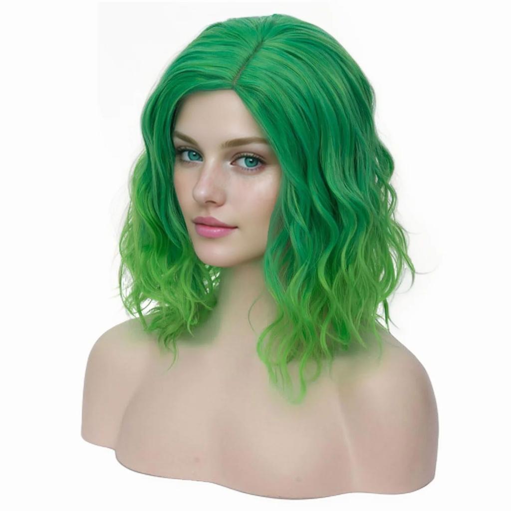 Synthetic Short Curly Bob Wavy Wig Girls Ombre Green 14" Body Wave Shoulder Length Hair Wig Halloween Cosplay Daily Party Wigs
