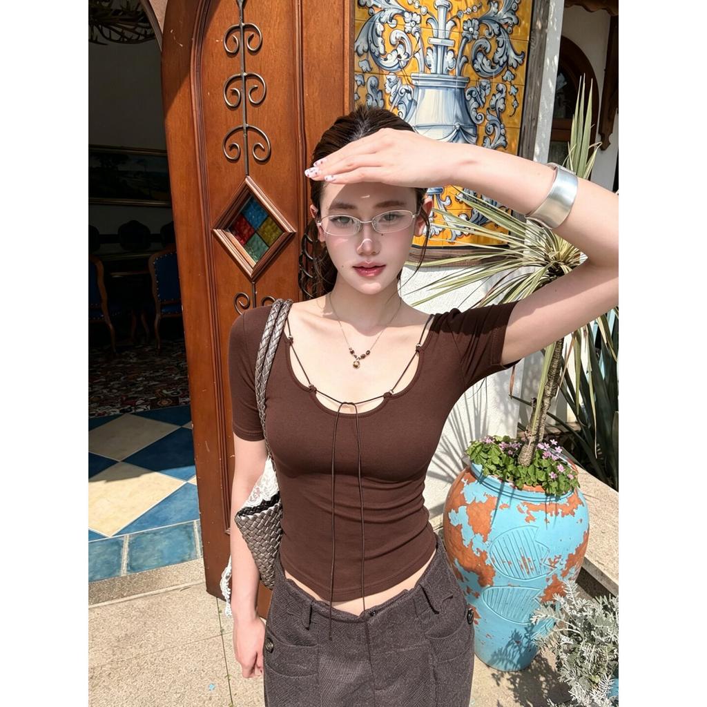 [Keren Cotton Modal] Korean-style beaded lace-up five-quarter half-sleeve T-shirt women's summer slim-fit Spice Girl top
