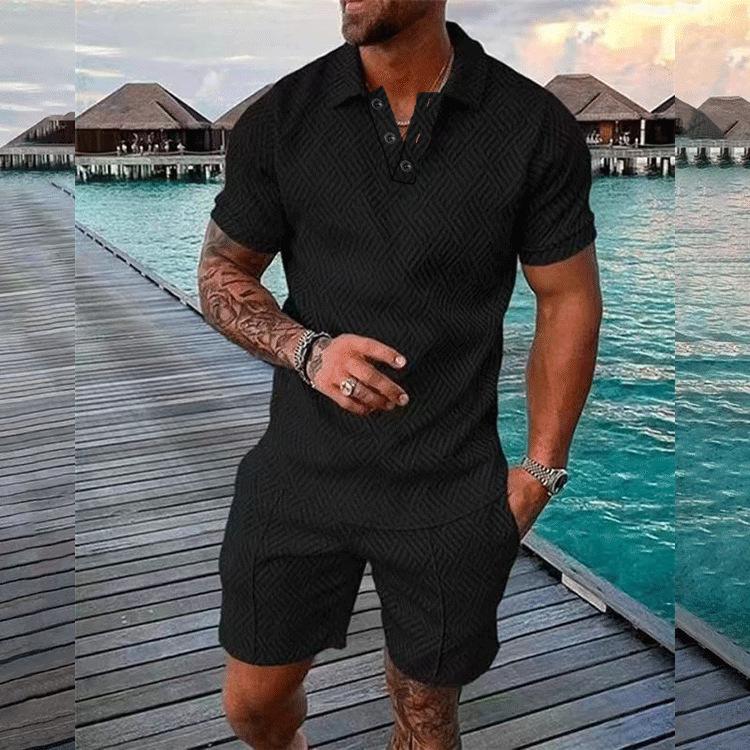 New Men'S Summer Fashion Casual Polo Shirt Collar Casual Set Collar Shorts Set Sports Men'S Solid Color T-Shirt Shorts Running Training Set