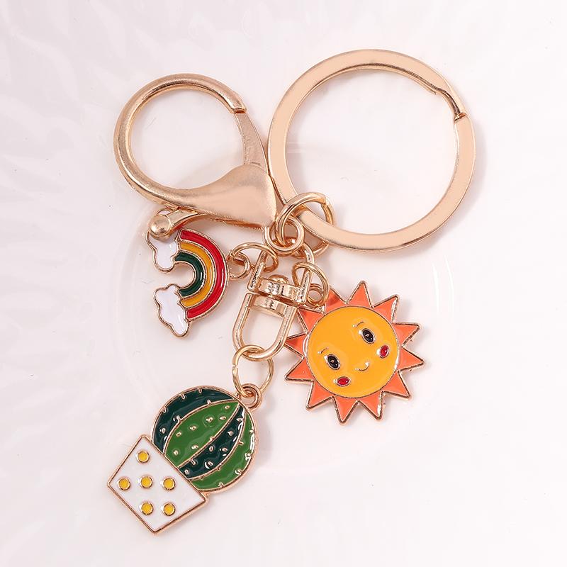 Cute Rainbow Keychains Enamel Plant Cactus Sun Charms Keyrings Souvenir Gifts for Women Men Car Key Handbag Pendants Key Chains