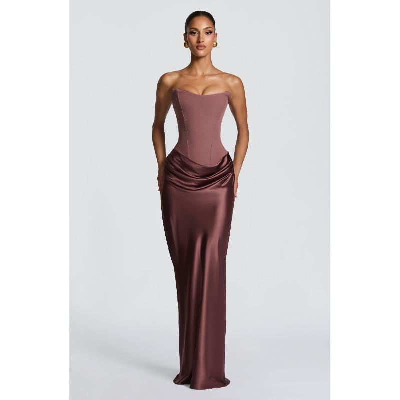 New Solid Color Waist Sexy Tube Top Hip Long Dress Dress Satin Lace-up Streamer Dress