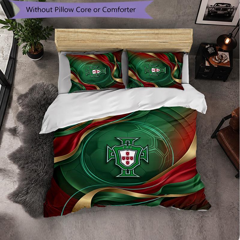 Portugal Football Pattern 3 Pieces Bedding Set Soft Microfiber Duvet Cover with Pillow Cases for Bedroom