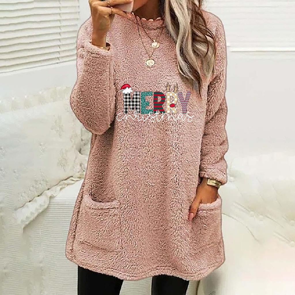 Women's Christmas Print Round Neck Loose Long Sleeve Pocket Plush Hoodie