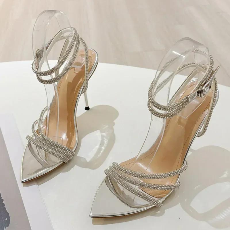 Fashion Sexy Pointed Toe Rhinestone High Heels Women Luxury Glitter Crystal Ankle Strap Sandals Elegant Wedding Prom Shoes Size 35-41