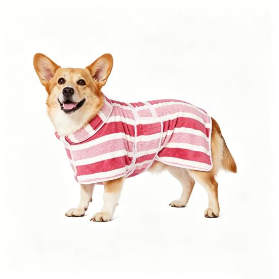 Quick-Drying Dog Bathrobe Striped Dog Wrap Towel with Belly Band Super Absorbent Pet Grooming Towel Robe for Dogs After Bath Machine Washable