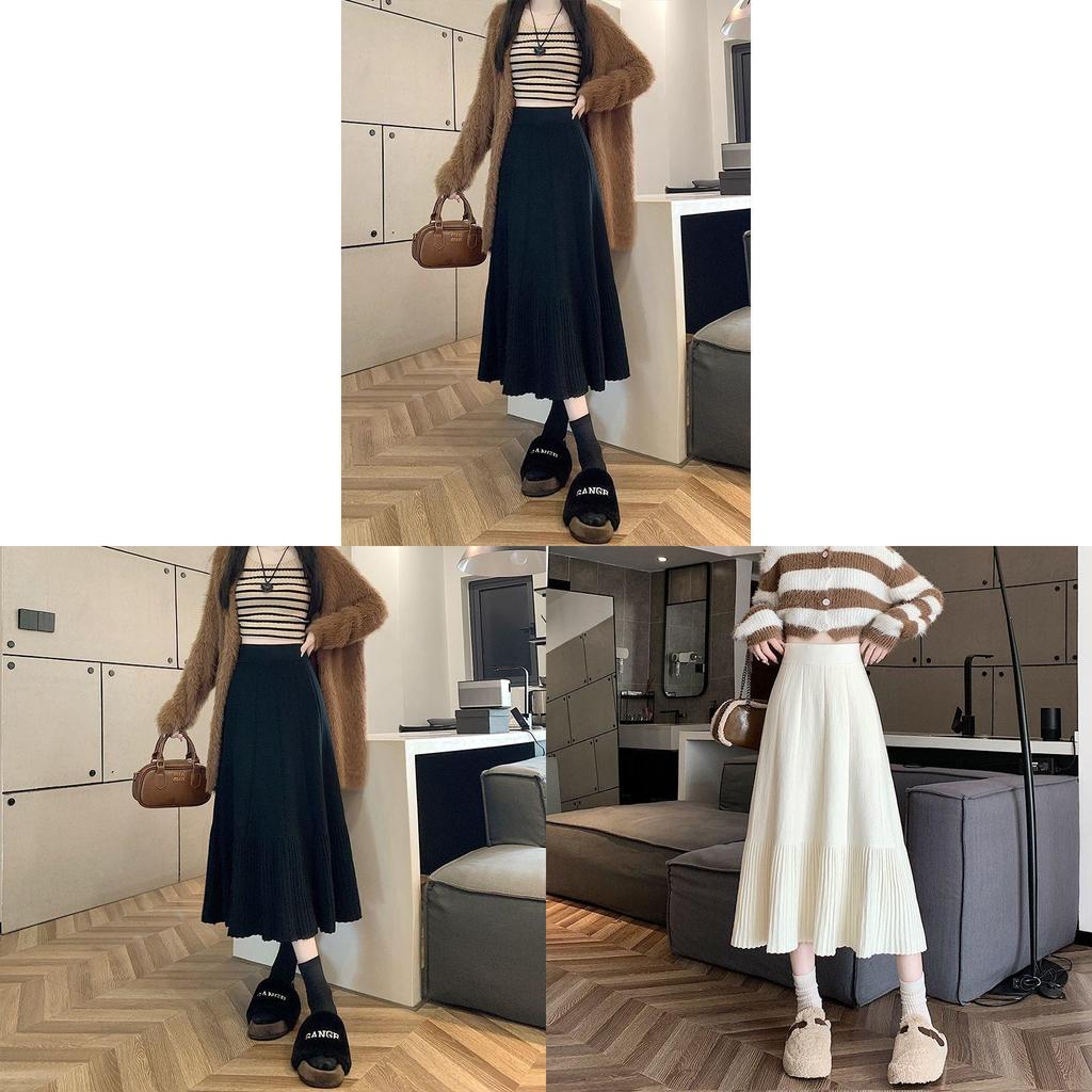 Cotton Blend Knit Midi Skirt With High Waist And Pleats For Fall Winter Fashion