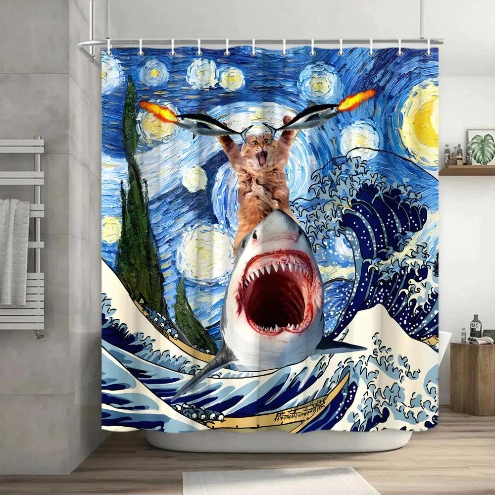 Lustiger Duschvorhang Tapfere Katze Cartoon Duschvorhang Wellen Ozean Dekor Stoff Duschvorhang Set mit Haken Badezimmerdekoration