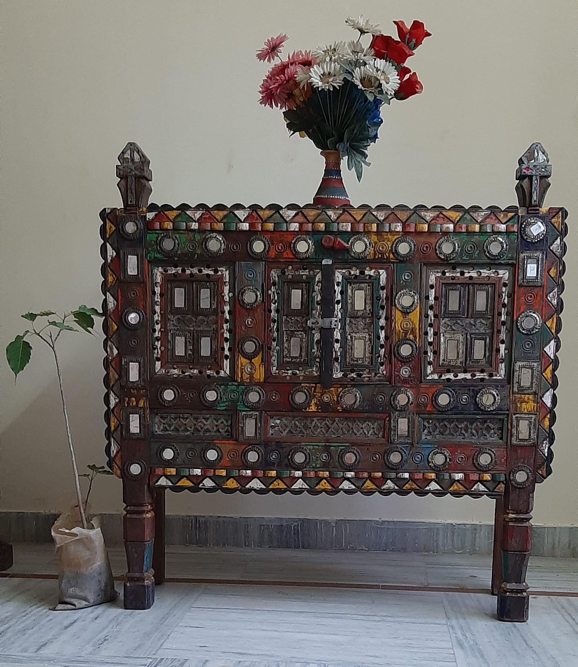 

Antique Decorated Damchiya Box: Hand-Carved Wooden Console, Blanket Trunk 16” X 8” X 24” (l x w x h) разноцветный