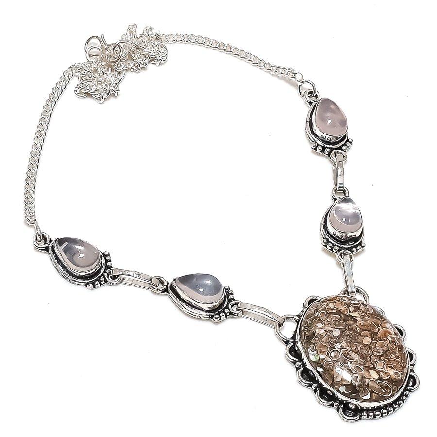 Natural Turritella Fossil, Quartz 925 Sterling Silver Jewelry Necklace 18" s9P13