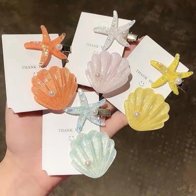 2Pcs/Set Baby Girls Fashion Artificial Shell Pearl Starfish Seashell Hair Clip for Kids Beach Vacation Headdress Colorful Side Bangs Barrette