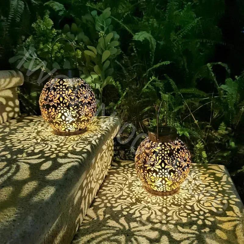 LED Outdoor Courtyard Solar Lights Garden Balcony Terrace Decorative Landscape Hollow Iron Art Projector Lamp Ornament Pendant