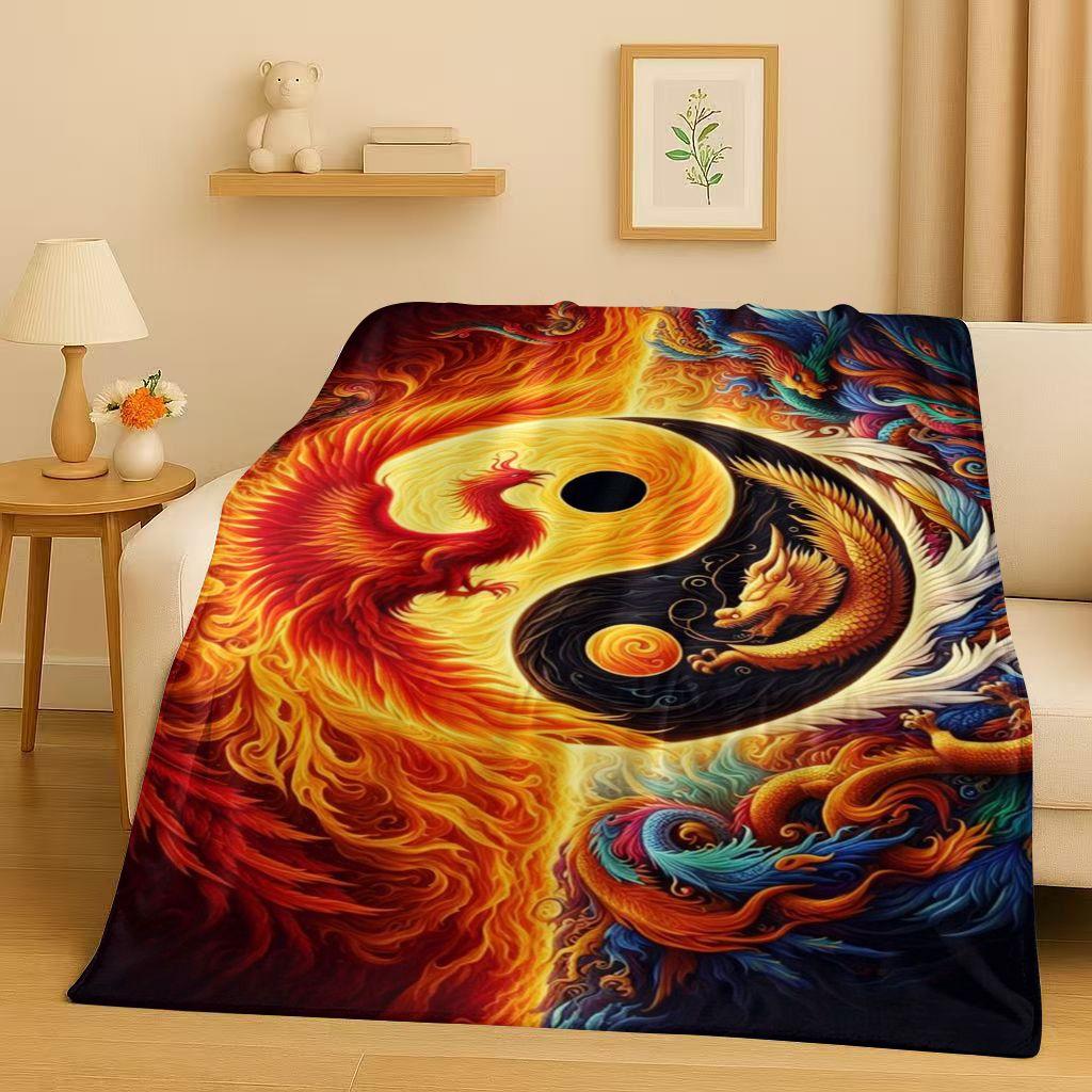 HD Yin Yang Element Dragon Chinese Loong Cartoon Flannel Blanket,Ultra Soft Warm Plush Throw for Home Bedroom Bed Sofa Cover Kid