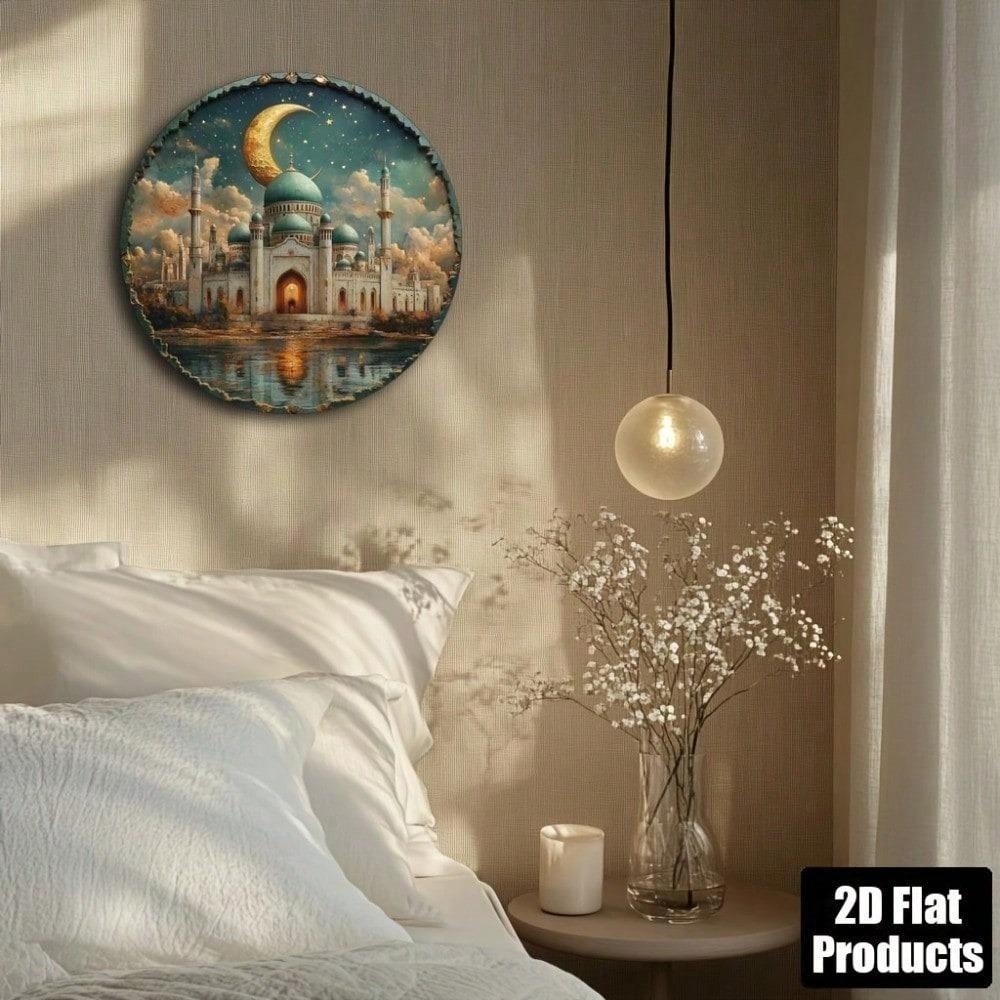 Eid Mubarak Round Metal Sign 8x8 Inch Islamic Wall Art Aluminum Decor for Home Kitchen Office Holiday Gift