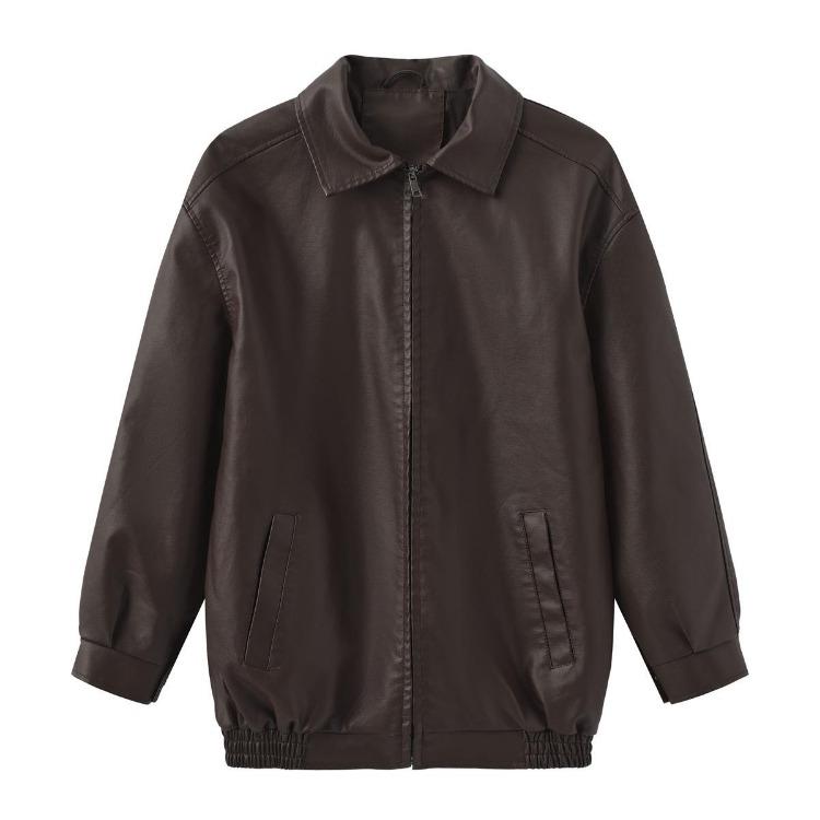 Women Fashion Slim Fit Pu Leather Jacket Long Sleeve Lapel Collar Zipper Coat for Fall Winter