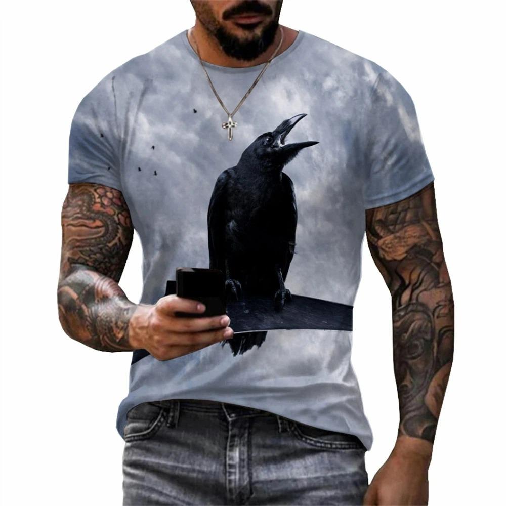 Crow Gothic Print Men's Clothing Fashion Men Crow Graphic T Shirts O-Neck Pullover T-shirts for Women Short Sleeve Tees Top