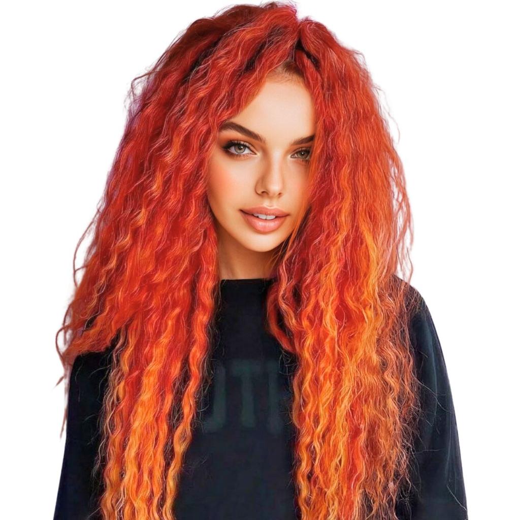 Elegant Long Orange Water Wave Wig with Center Part Bangs High Temperature Fiber Synthetic Wigs for Women Cosplay Costume Gifts