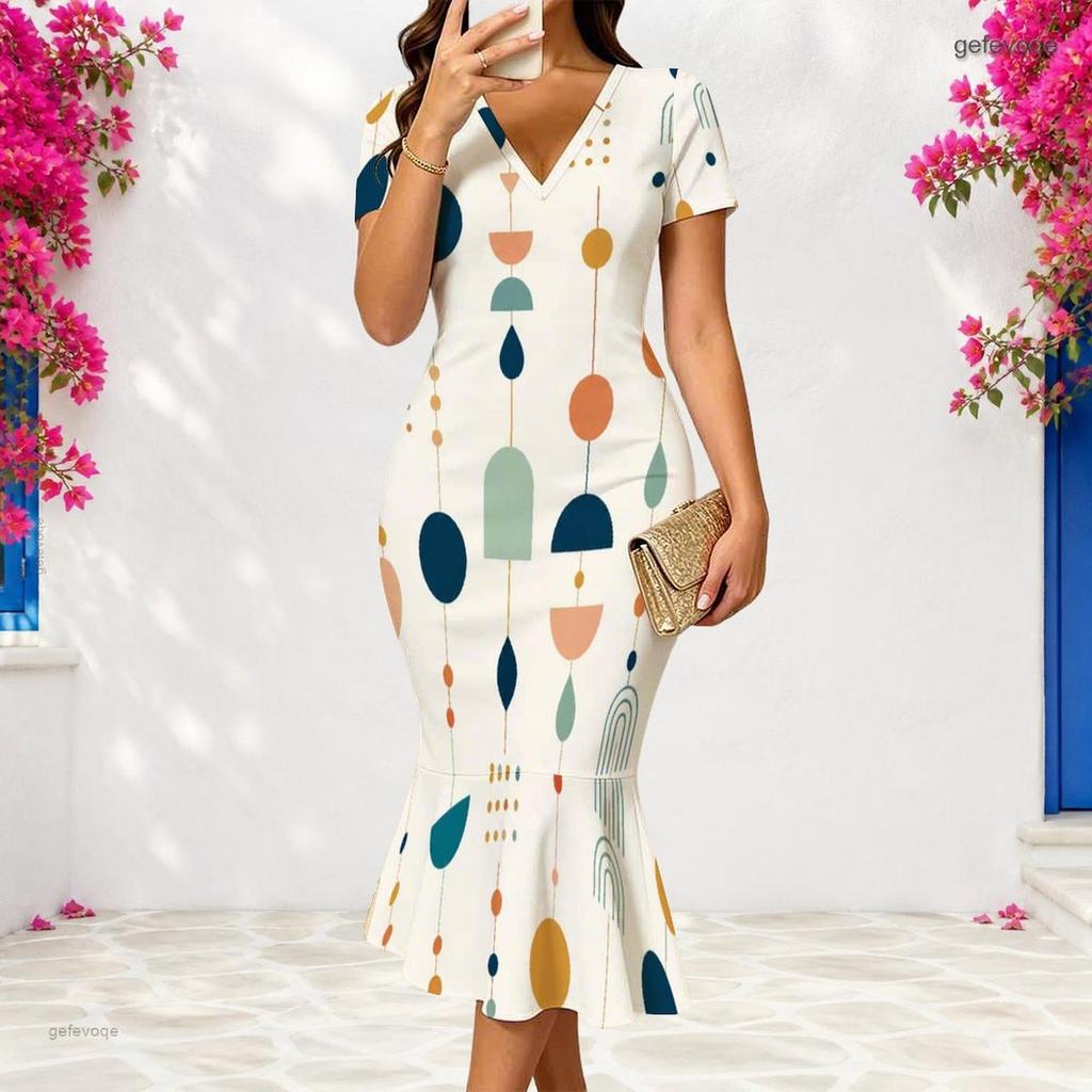 Women Plus Size V Neck Short Sleeve Fitted Printed Fishtail Dress