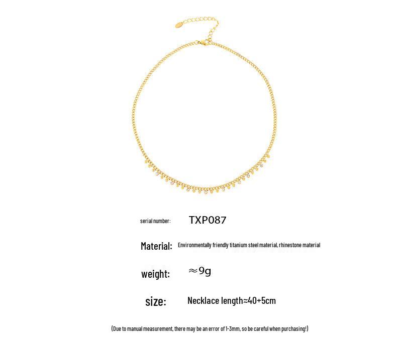 18K Gold-Plated Titanium Steel Necklace & Bracelet Set with Round Bead Spacer & Diamond Tassel