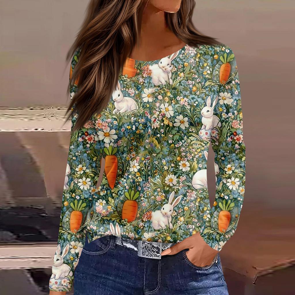 Women's Fashion Casual Slit Hem Round Neck Long Sleeve Loose Printed T-Shirt Ladies Top