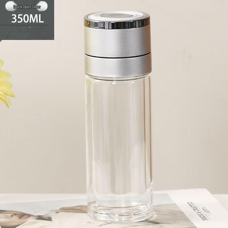 Press-To-Open Double-Layer Glass Cup with Tea and Water Separation for Men 350ml