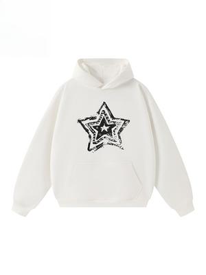 2025 Autumn New American Five-pointed Star Graffiti Printing Warm Loose Hooded Long-sleeved Shirt Men's and Women's Loose Top