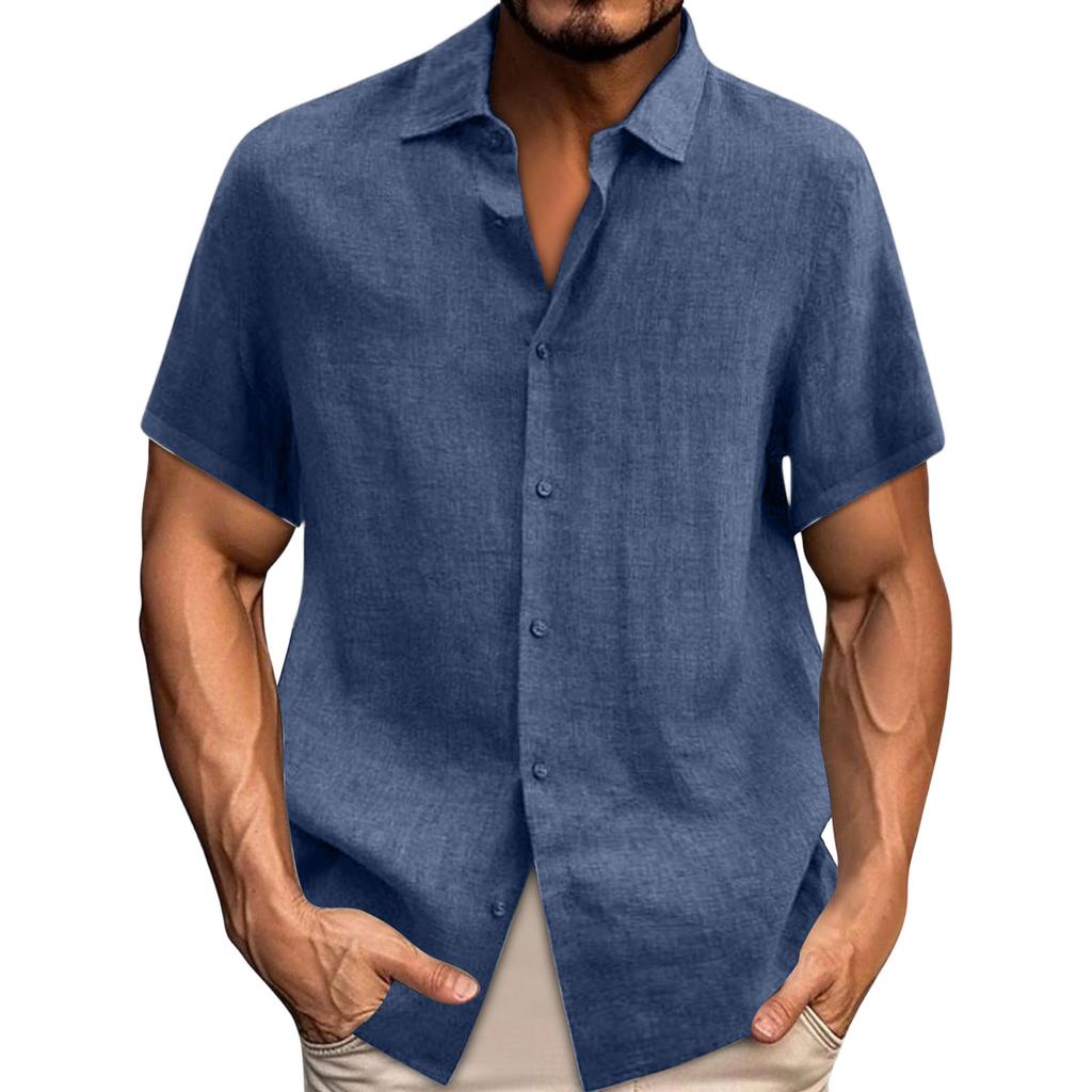 Spring Summer Men's Casual Cotton Linen Color Short Sleeve Shirts Loose Shirts