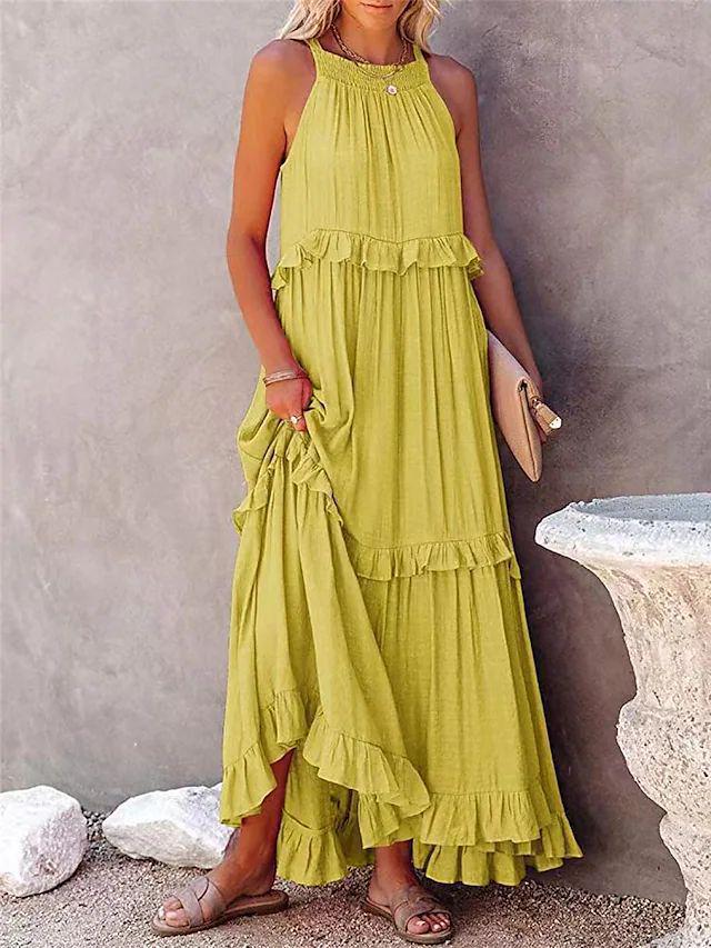 European and American 2025 Summer Ruffle Long Dress - Women's Flowing Holiday Beach Style