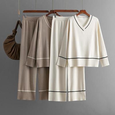 Outono Inverno Lazy Wind Solto Decote Em V Pulllover Suéter Terno Feminino Cor Sólida Manga Longa Malha Calças Largas Conjunto de Duas Peças