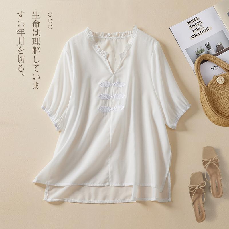 

Летняя литература ретро легкая свободная универсальная дышащая рубашка из хлопка и пеньки с V-образным вырезом с вышивкой блузки и рубашки с коротким рукавом 2XL белый