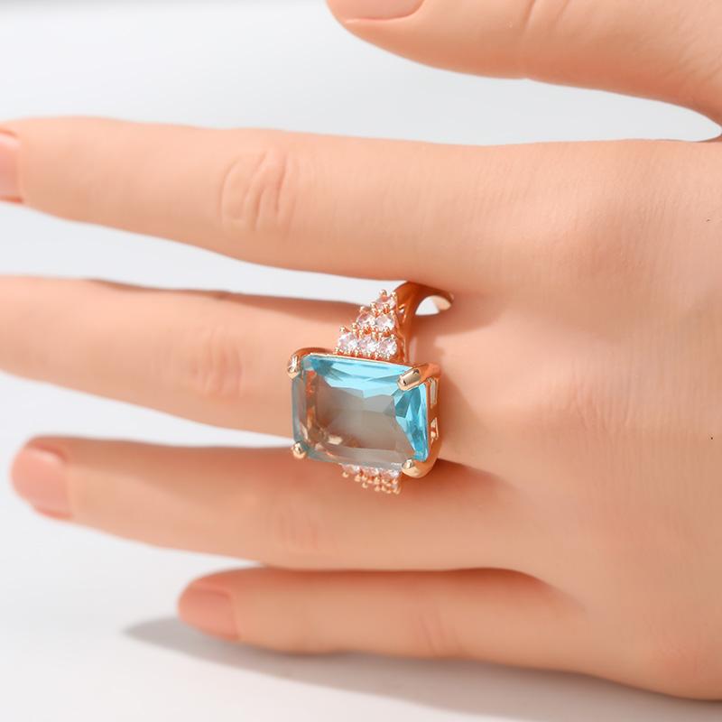 Luxury Inlaid White Sea Blue CZ Women's Ring Aesthetic Gold Color Geometry Daily Wear Party Jewelry Anniversary Gift