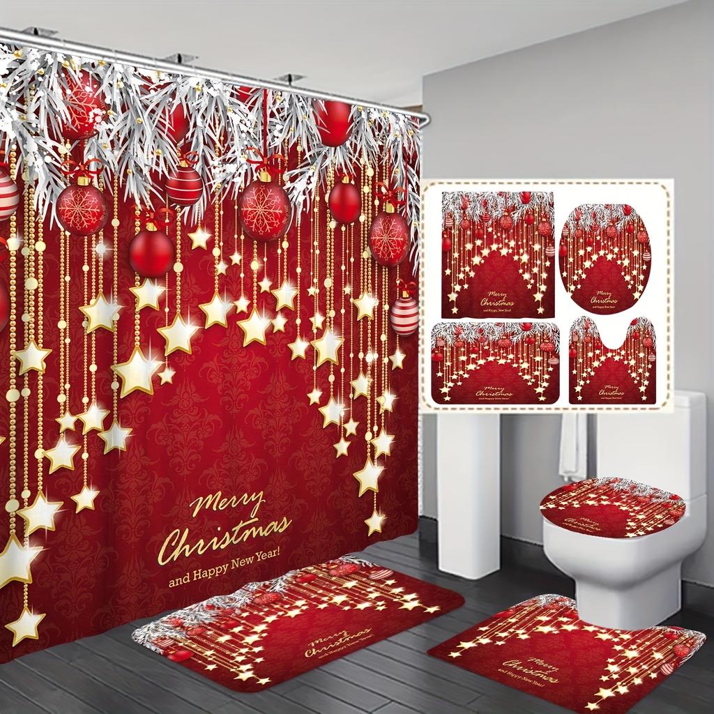 4-teiliges Duschvorhang-Set mit rotem Hintergrund und Weihnachtsstil für Badezimmer, rutschfeste Badezimmerteppiche, Deckel, Toilettendeckel, Badematte, Badezimmer-Set