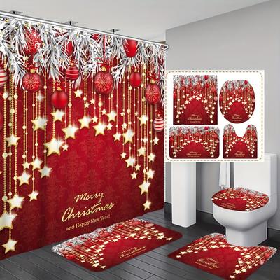 4Pcs Red Background Christmas Style Shower Curtain Sets for Bathroom Non-Slip Bathroom Rugs Lid Toilet Cover Bath Mat Bathroom Set