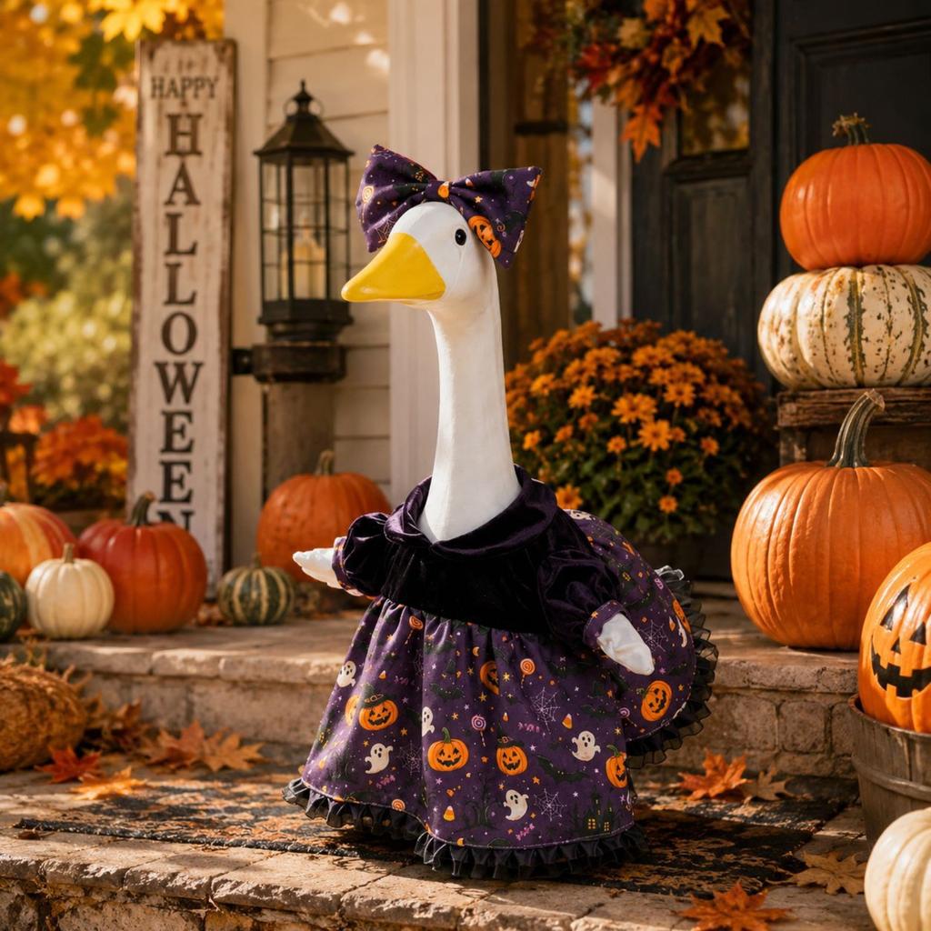 Velvet Halloween Dress and Bow Set for Small Pets Creative Printed Costume Outfit Suitable for Porch Goose and Small Animals