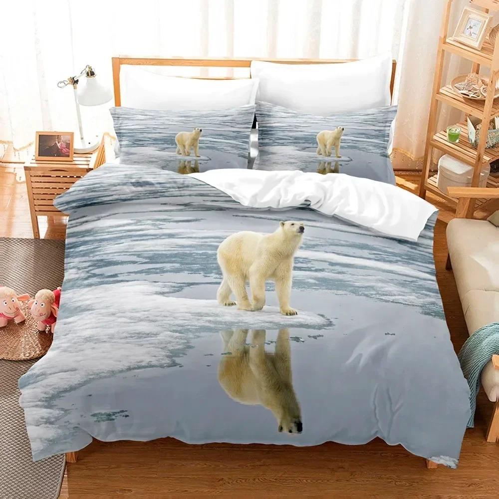 3D-gedrucktes Bettwäscheset mit niedlichem Bärenmotiv und Kissenbezug, Eisbären-Bettwäscheset, Bettbezug, Wildtier-Bettwäscheset, Queen-Size
