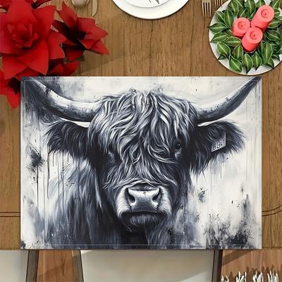 4-teilige schottische Hochlandrind Kunst-Platzsets Kunst-Restaurant-Café Tischdekor Zubehör Nordischer Stil Heimdekoration