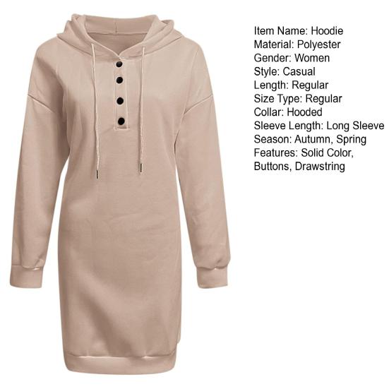 Women Autumn Hoodie Loose Solid Color Hooded Drawstring Long Sleeves Warm Sweatshirt Buttons Pure Color Spring Hoodie for Daily Wear