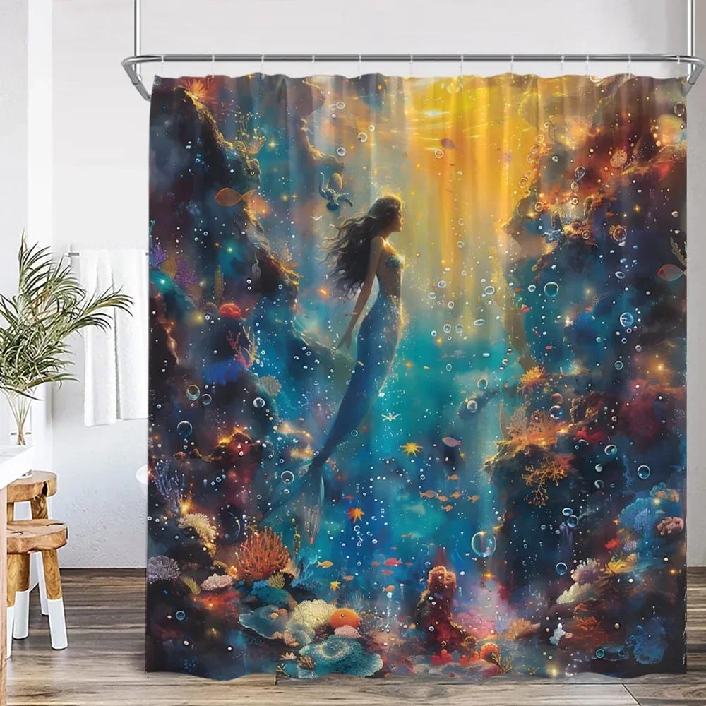 Magical Mermaid & Coral Reef Waterproof Shower Curtain - Enchanting Underwater Fantasy for Dreamy Bathroom Decor