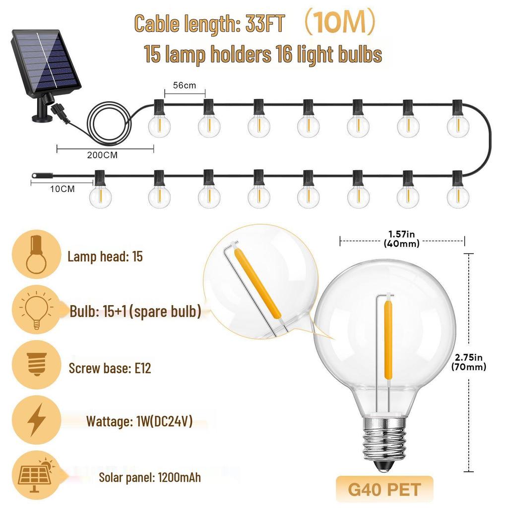 G40 Waterproof Solar LED String Lights - Outdoor, Drop-Proof, Remote-Controlled for Camping, Gardens, Weddings, and Christmas Decorating.