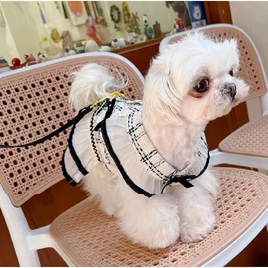 Elegant Tweed Style Dog Dress Harness Set Summer Pet Clothes with Leash for Small Dogs Cats Puppy 1-3 Set