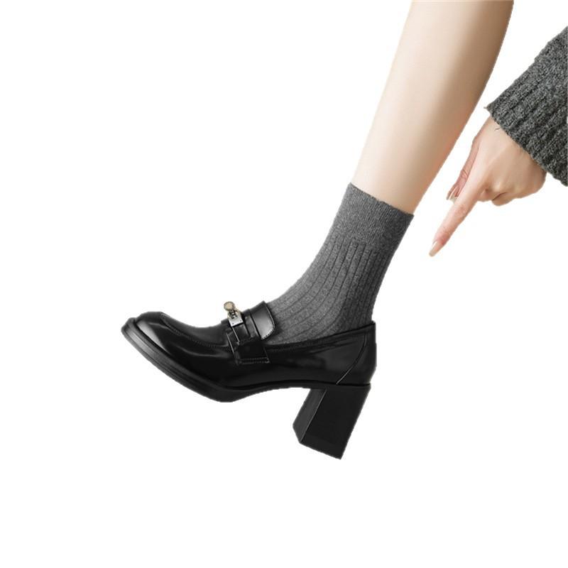 Treasure of the Town Store! Soft To Explode! Retro British JK Round Head Lock Thick Heel Loafers Deep High Heels Single Shoes