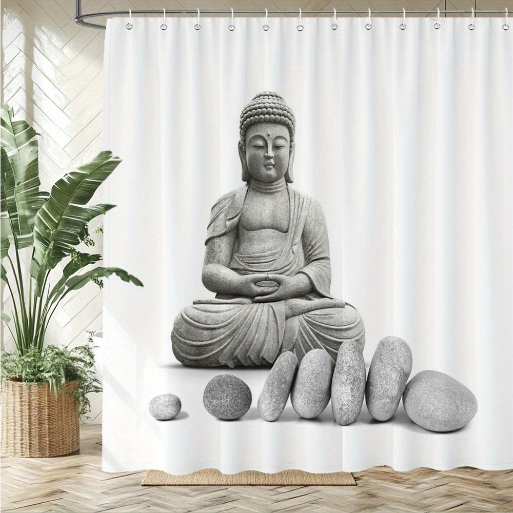 Zen Buddha Shower Curtain Stone Statue In Lotus Pose, Meditative Serenity With Zen Stones, 12 Hooks, 70.87×70.87 Inch, Polyester