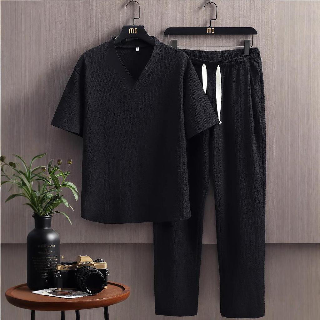 Set de vară la modă pentru bărbați din bumbac și in, din 2 piese, costum sport casual, tricou alb cu mânecă scurtă cu guler șal